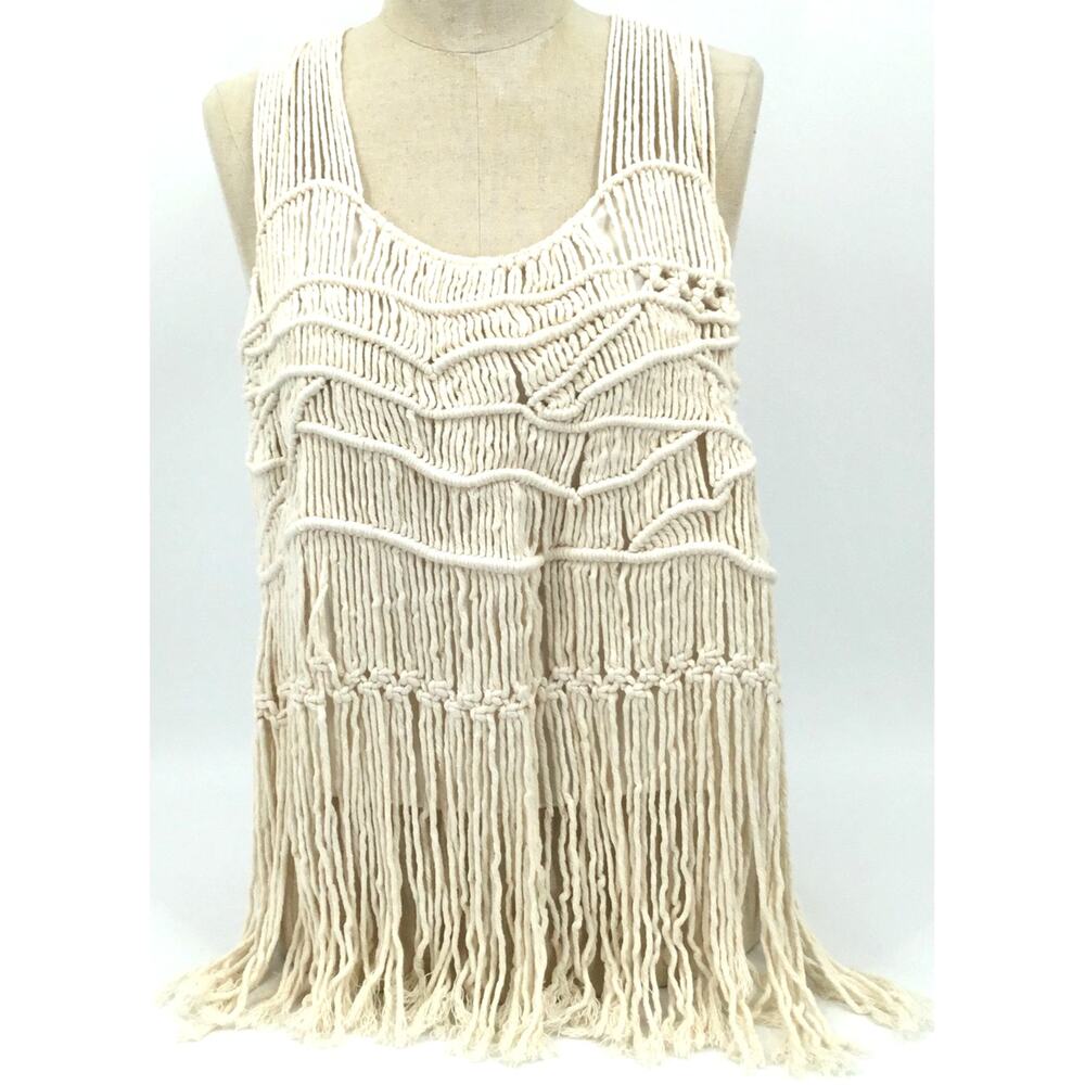 Surf Gypsy Ivory Macrame Fringe Racerback Tank Top Medium Boho Festival